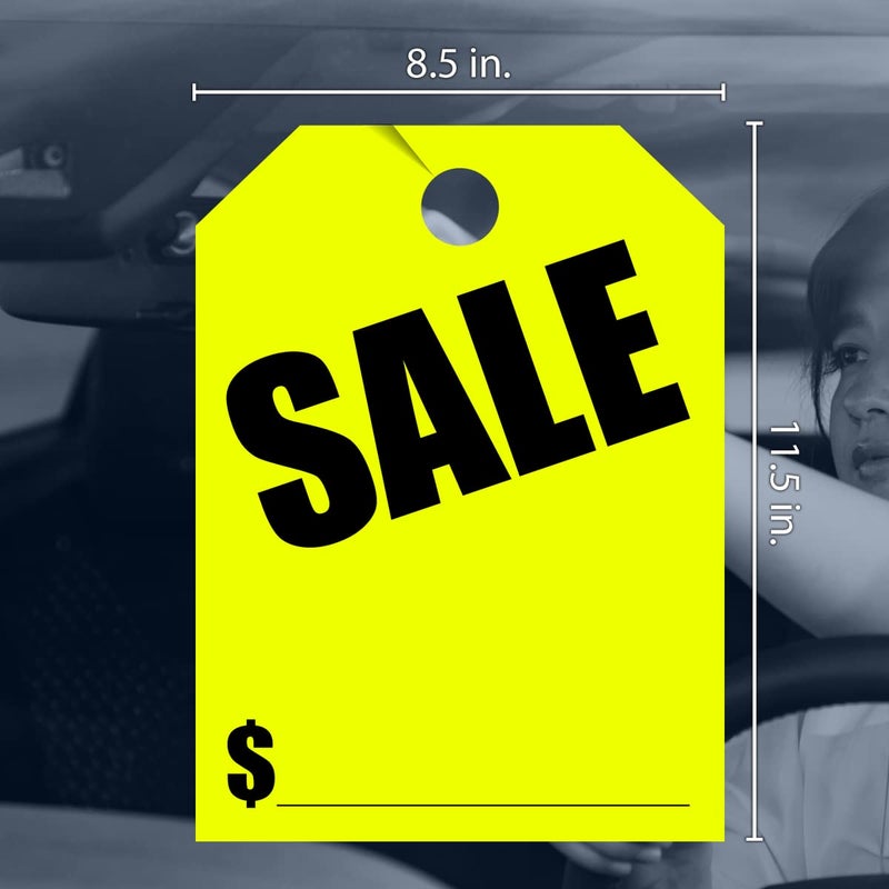Versa-Tags Car Mirror Hang Tags - 8.5"" x 11.5""  Slogan-Sale  Pack of 50  Perfect for Auto Dealership Supplies & Car Lots Fluorescent Yellow Color - Image 2